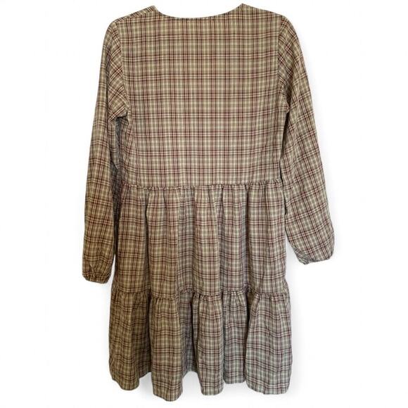 NWT Urban Threads Tiered V-Neck Brown Plaid Mini Dress-Size 10 - Picture 2 of 9